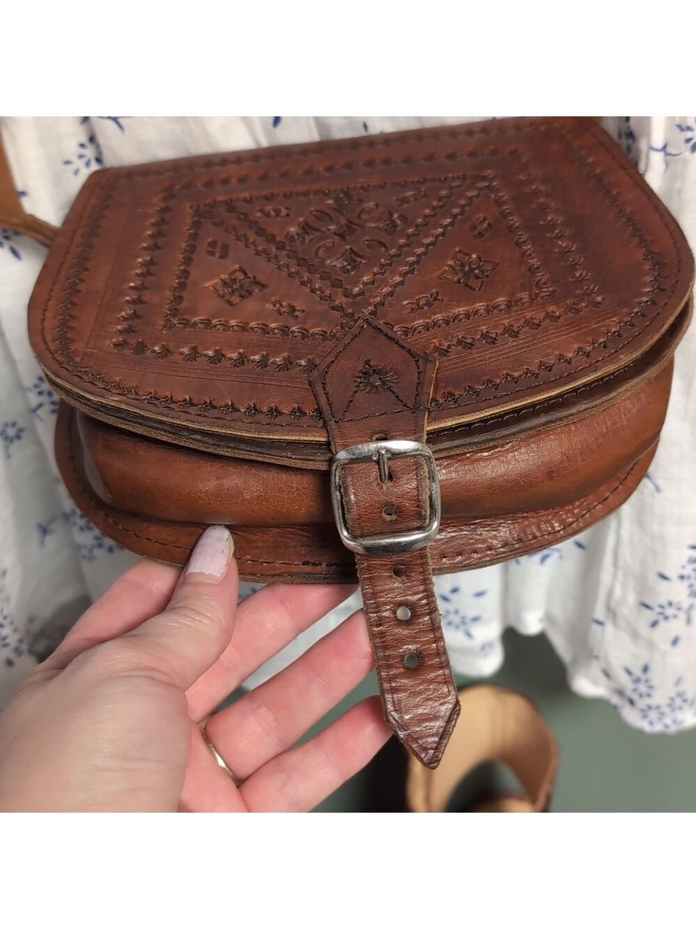 Tooled Mini Leather Vintage Buckled Saddle Bag - Picture 7 of 15